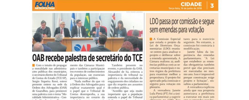 Leia mais sobre o artigo Palestra ministrada pelo Secretário-Diretor do TCE-SP na OAB Guarulhos é destaque em matéria pública no jornal Folha Metropolitana.