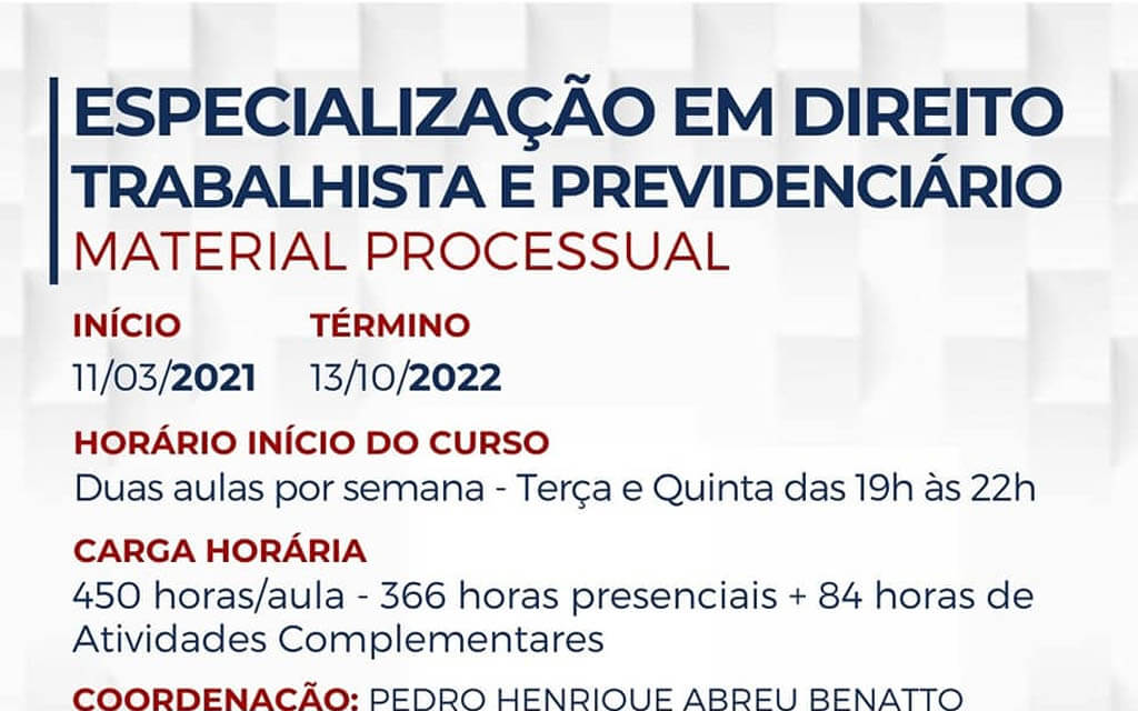 No momento você está vendo Pós Graduação ESA Guarulhos “Especialização em Direito Trabalhista e Previdenciário – Material Processual”