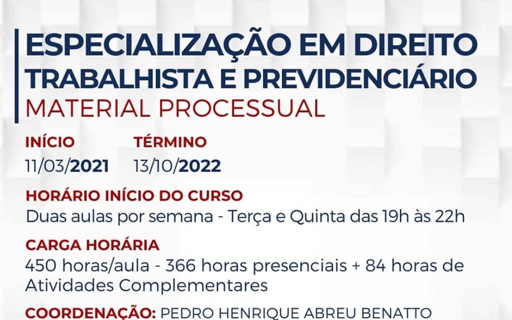 No momento você está vendo Pós-Graduação ESA Guarulhos “Especialização em Direito Trabalhista e Previdenciário – Material Processual”