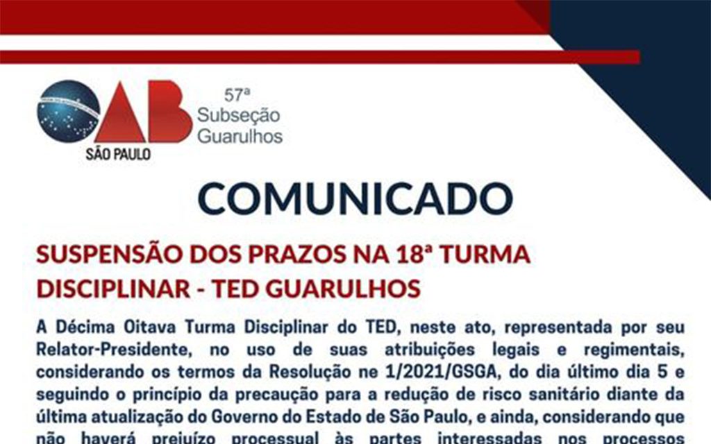 Leia mais sobre o artigo Suspensão dos prazos na 18ª Turma Disciplinar – TED Guarulhos