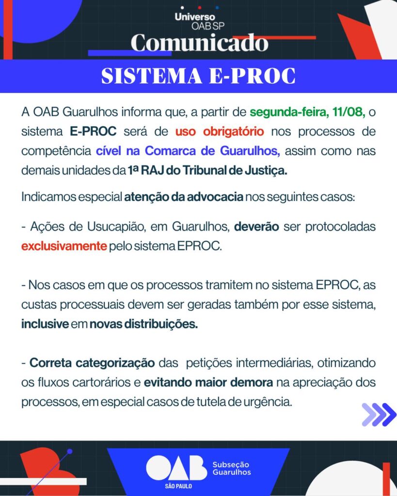 Leia mais sobre o artigo Sistema E-Proc passa a ser de uso obrigatório nos processos de competência cível na Comarca de Guarulhos