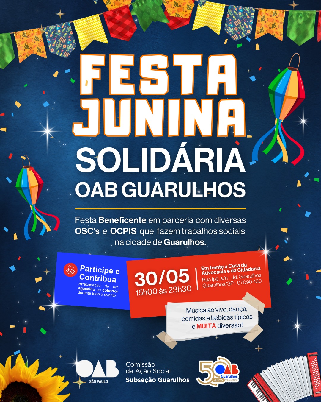 No momento, você está visualizando 4ª Festa Junina Solidária – Especial Cinquentenário da OAB Guarulhos 2026