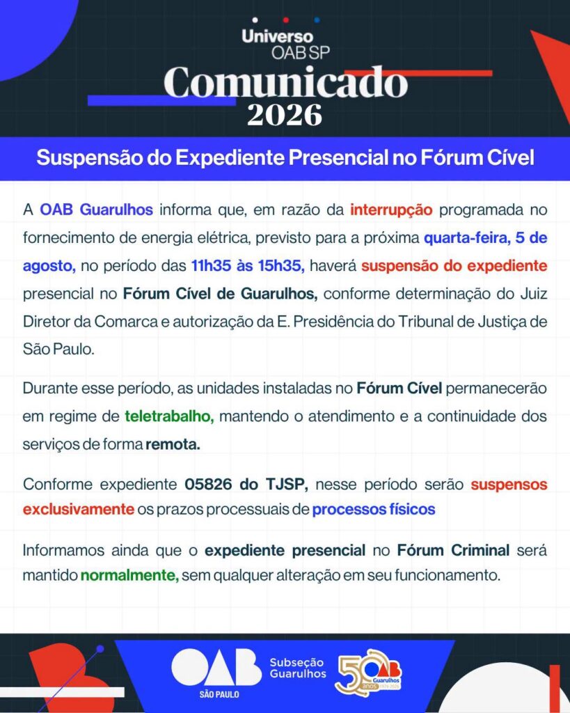 Leia mais sobre o artigo COMUNICADO IMPORTANTE – Suspensão do Expediente Presencial no Fórum Cível