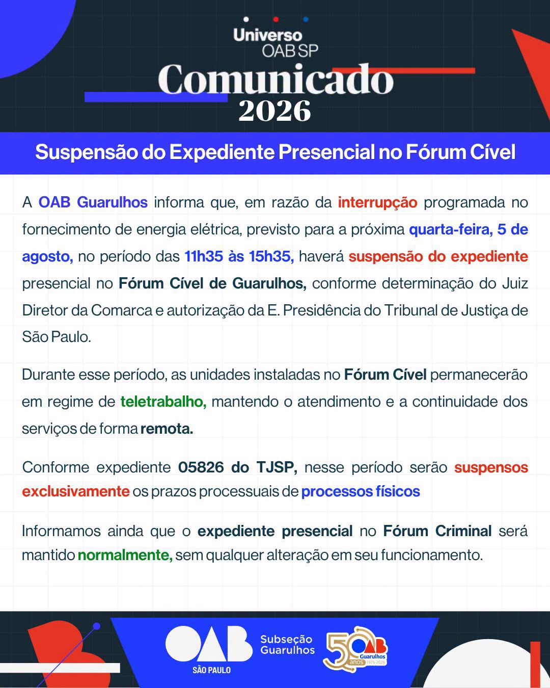 No momento, você está visualizando COMUNICADO IMPORTANTE – Suspensão do Expediente Presencial no Fórum Cível